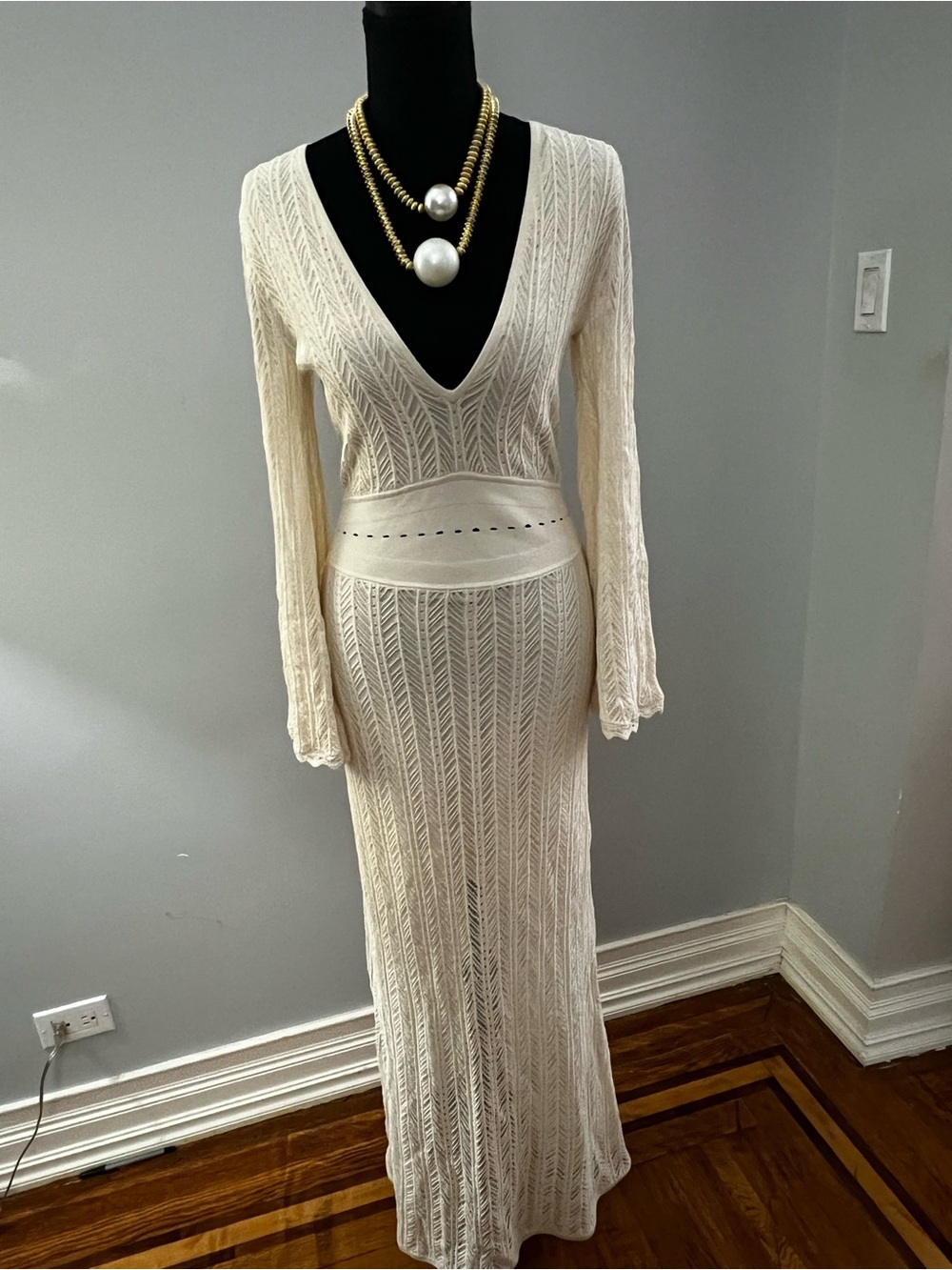 Long Cream Cable-Knit Maxi Dress with Deep V-Neck